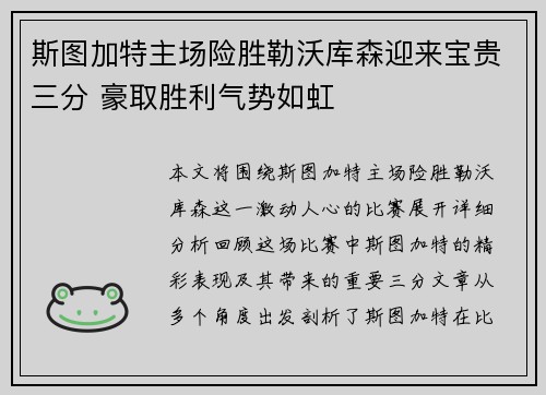 斯图加特主场险胜勒沃库森迎来宝贵三分 豪取胜利气势如虹